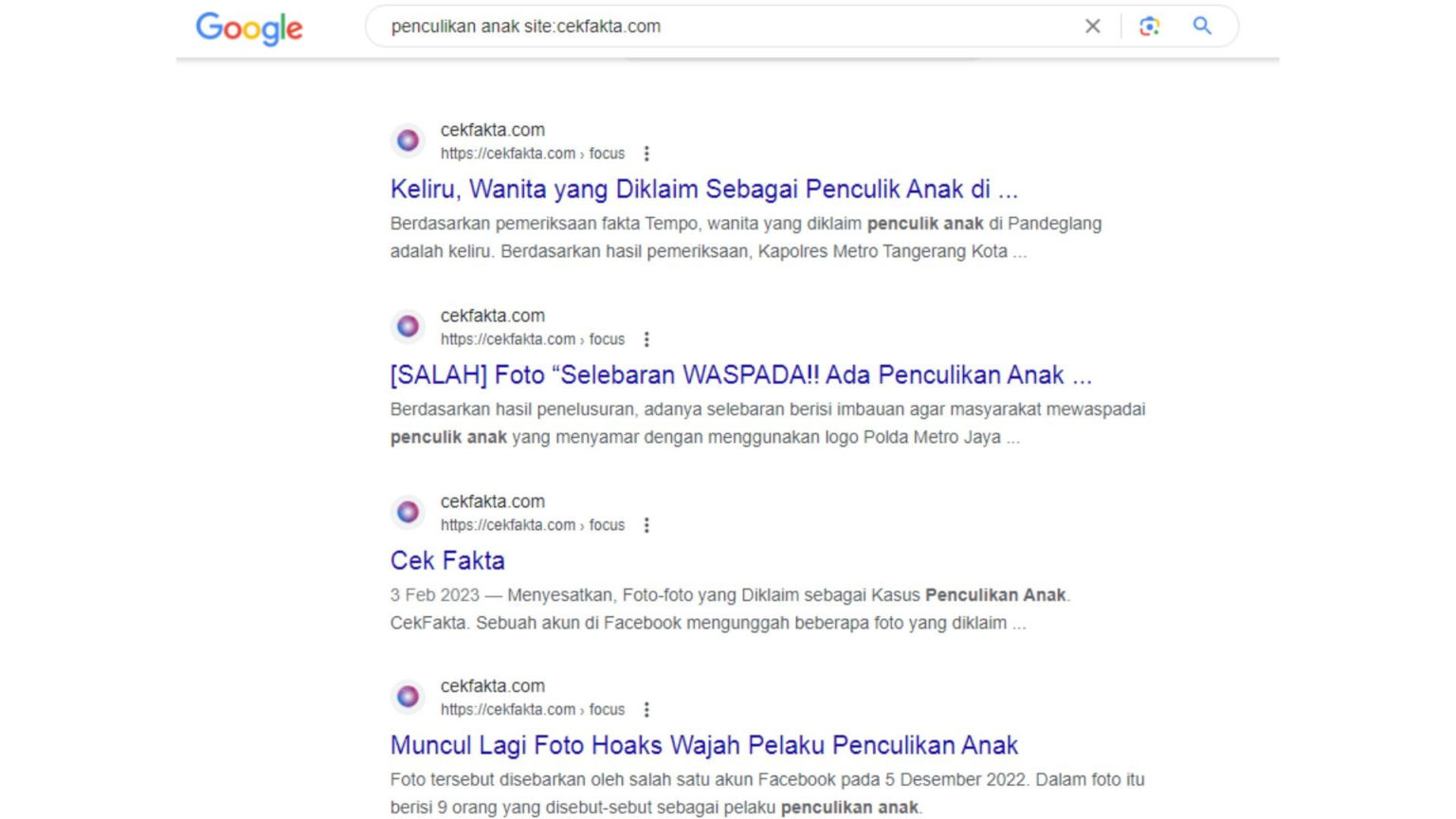 Cek fakta isu penculikan anak (Sumber : Google)